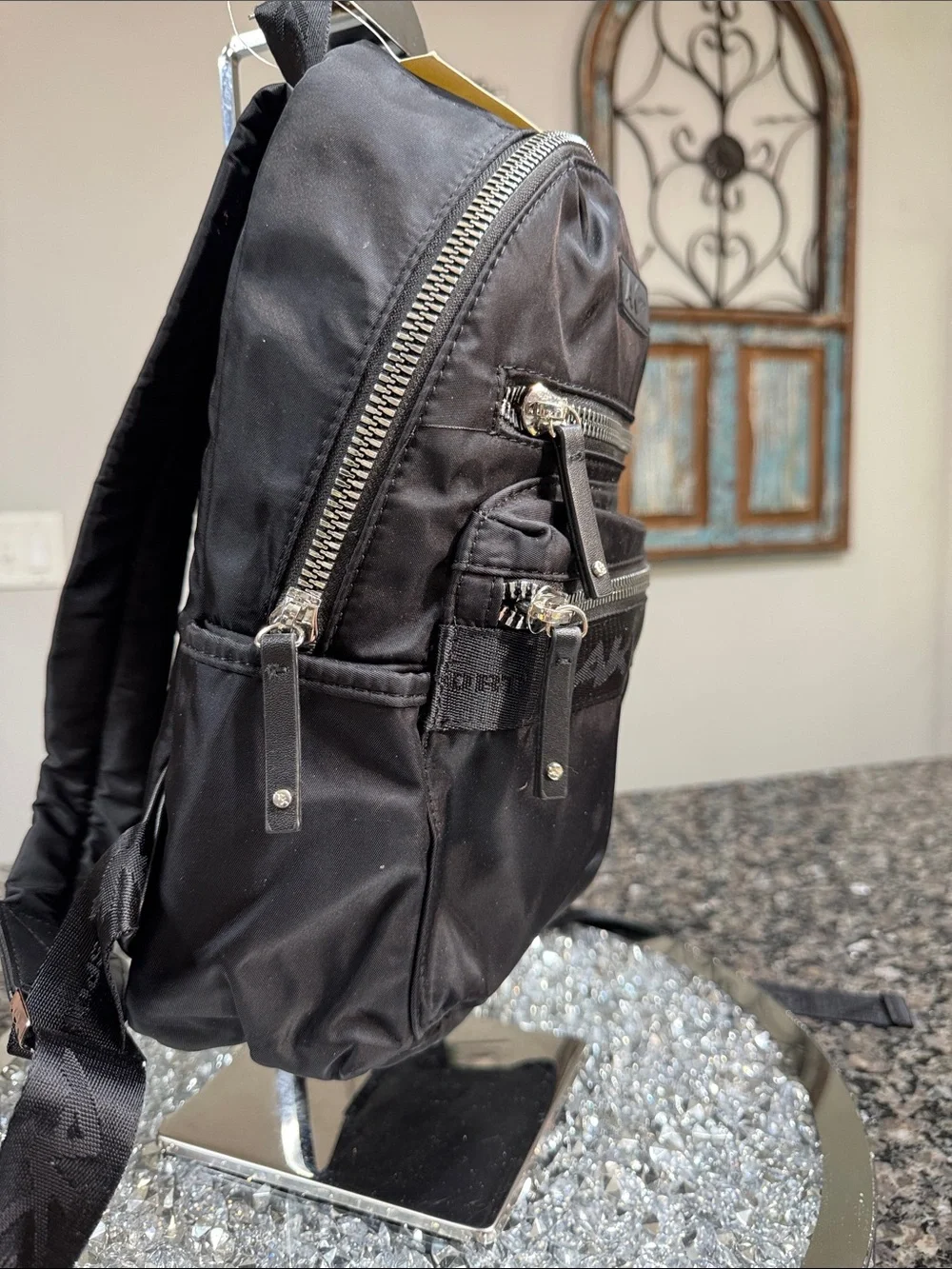 Anne Klein Black Nylon Medium Backpack with Silver Zippers NWT